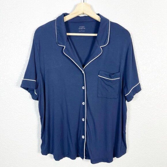 Cozy Earth Women’s Bamboo Stretch Knit Short Sleeve Pajama Pant Set in Navy L - Picture 2 of 14